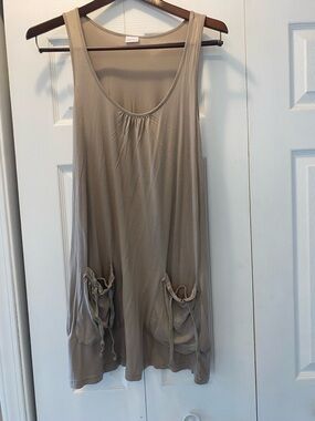 Relaxed Scoop Neck Tank Dress with Ruffle Pockets - Taupe